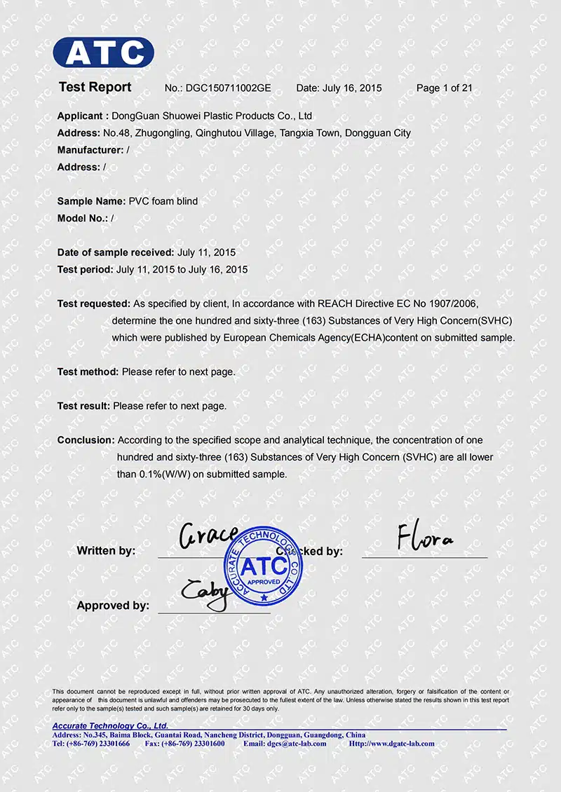 Informe ATC para perfiles de extrusión de PVC