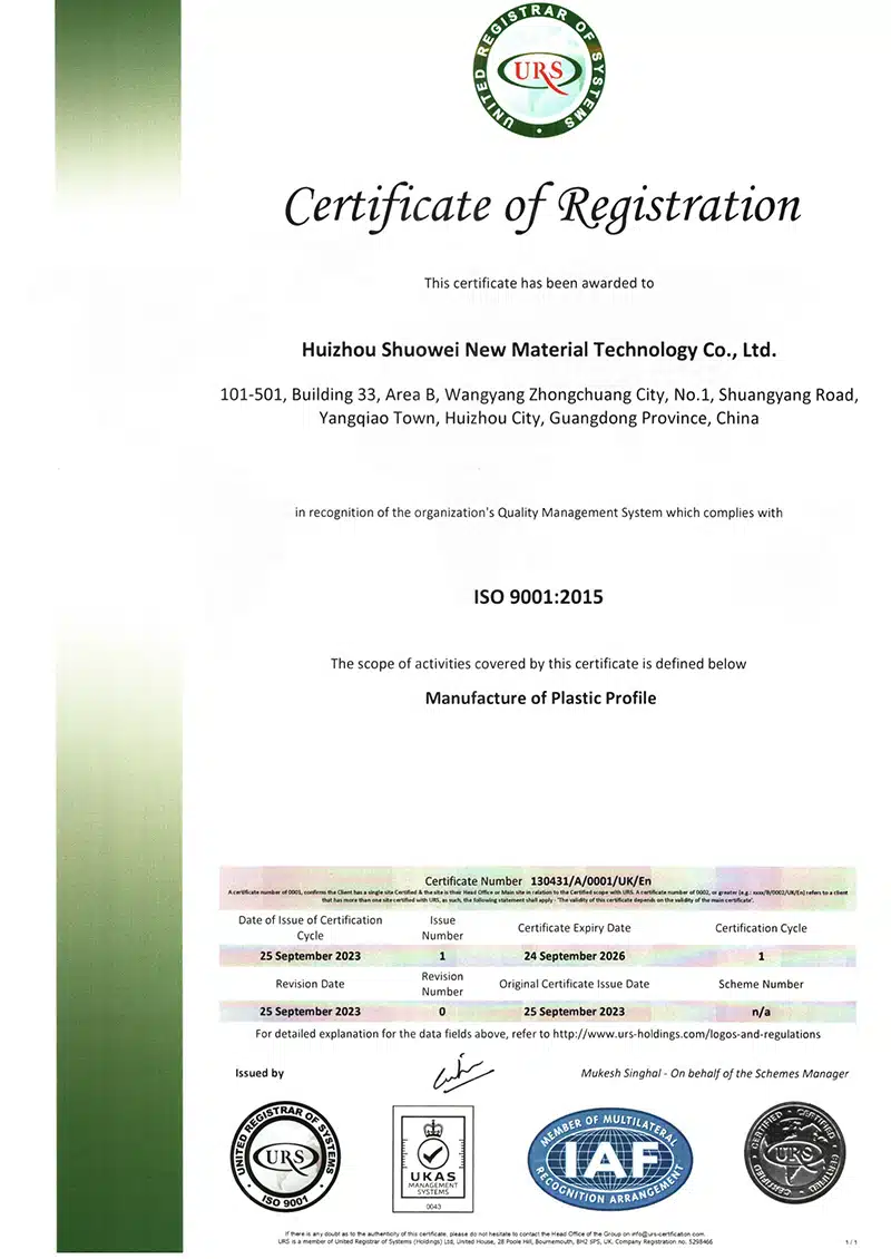 Informe ISO para perfiles de extrusión de PVC