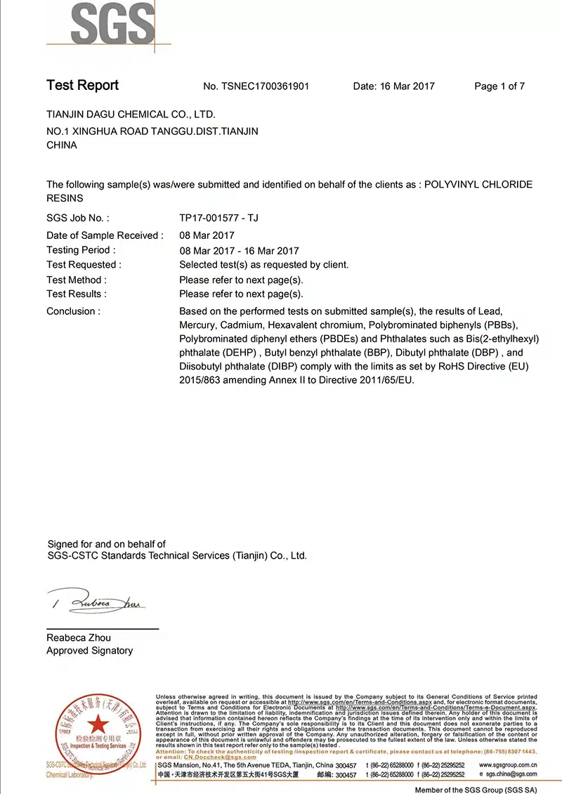 Informe SGS para perfiles de extrusión de PVC