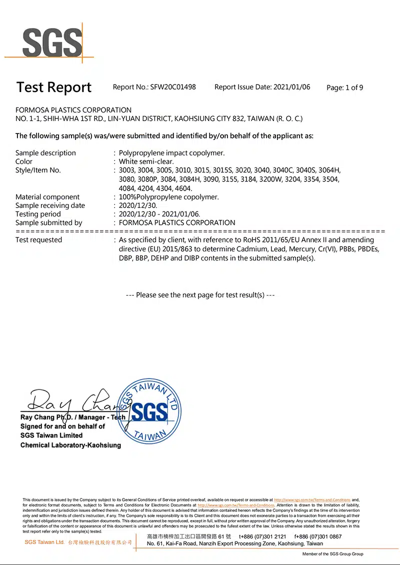 Informe SGS para perfiles de extrusión de PVC