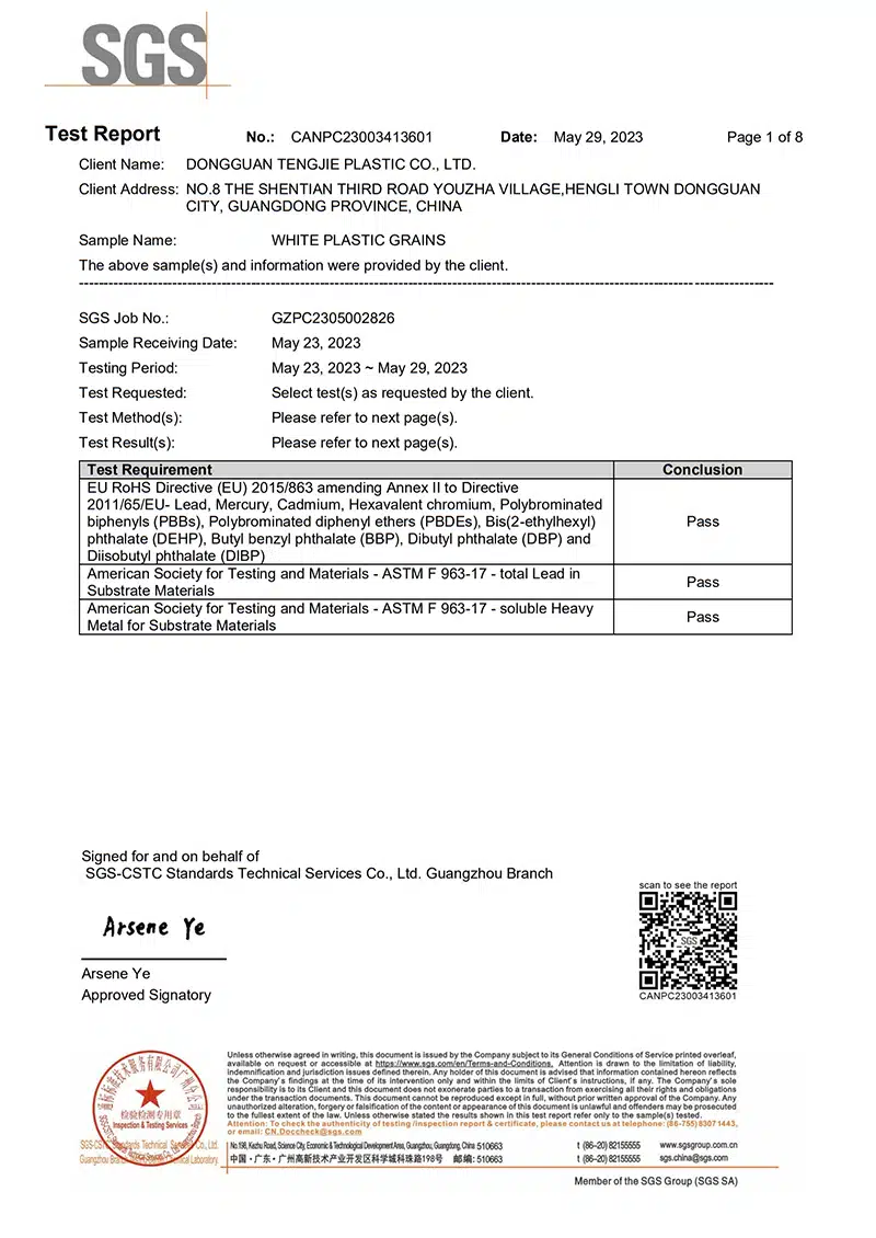 Informe SGS para perfiles de extrusión de PVC